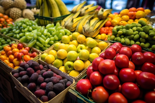 Mercado de frutas com várias frutas e vegetais frescos coloridos