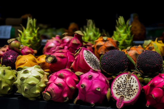 Mercado de frutas exóticas comida vegana colorida na loja de rua gerar ai