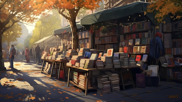 Foto mercado de livros de outono pintura e desenho digitais no estilo da escola de lyon