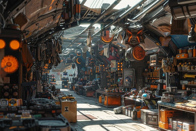 Mercado de rua cyberpunk vendendo aparelhos futuristas