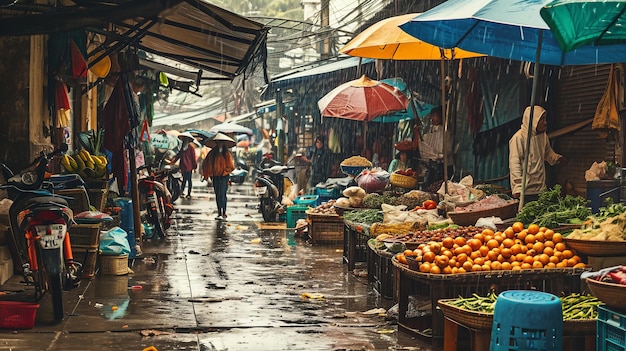 Mercado de rua no Vietnã durante um dia chuvoso