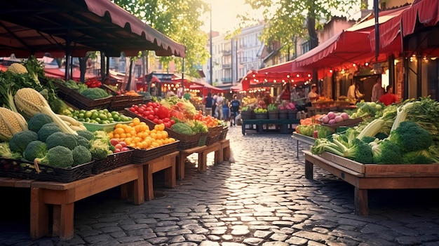 Mercado de rua vibrante com frutas e vegetais frescos