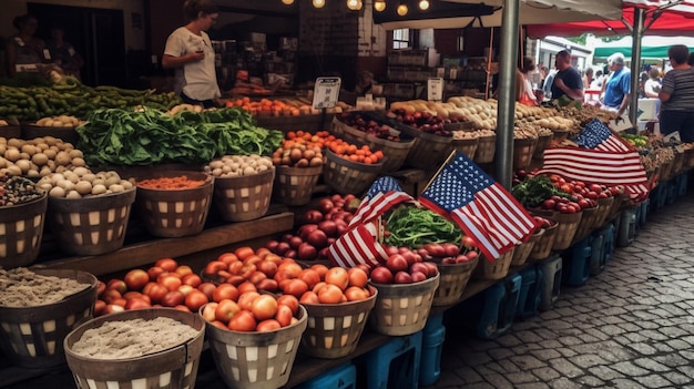 Mercado de um fazendeiro com uma bandeira na parte inferior