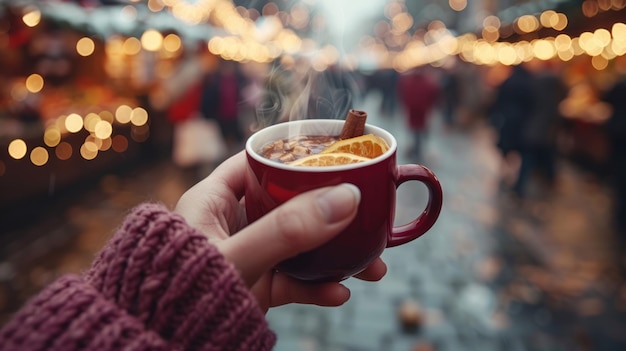 Mercado festivo con las manos sosteniendo una taza humeante de vino caliente