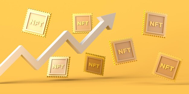 Mercado de fichas no fungibles en aumento NFT con flecha hacia arriba Espacio de copia Ilustración 3D