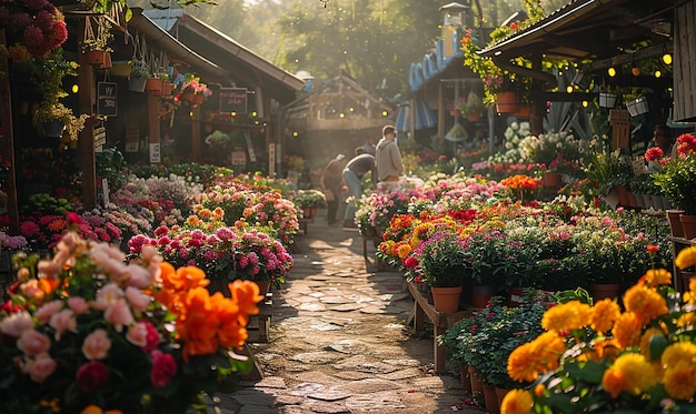 un mercado de flores con un hombre y una mujer trabajando en el fondo