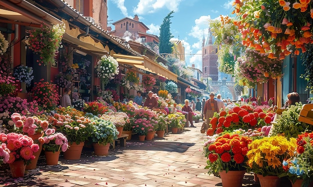 un mercado de flores con muchas flores en él