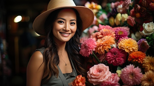 Mercado de flores vibrante con vendedor de flores orgulloso