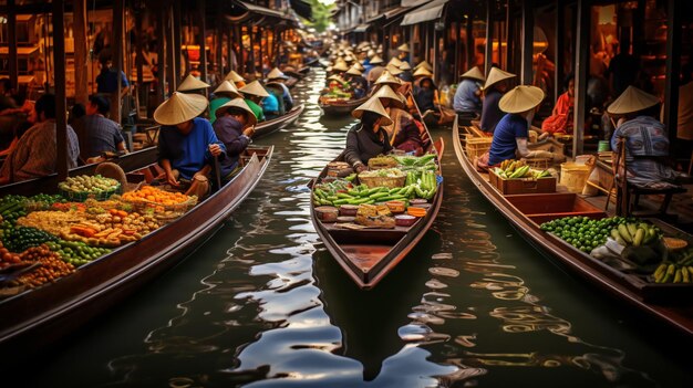 Mercado flotante de ciruela padauk en Tailandia