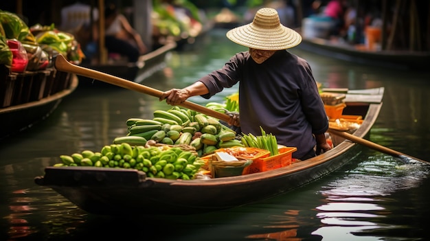 Mercado flutuante donzela padauk na Tailândia