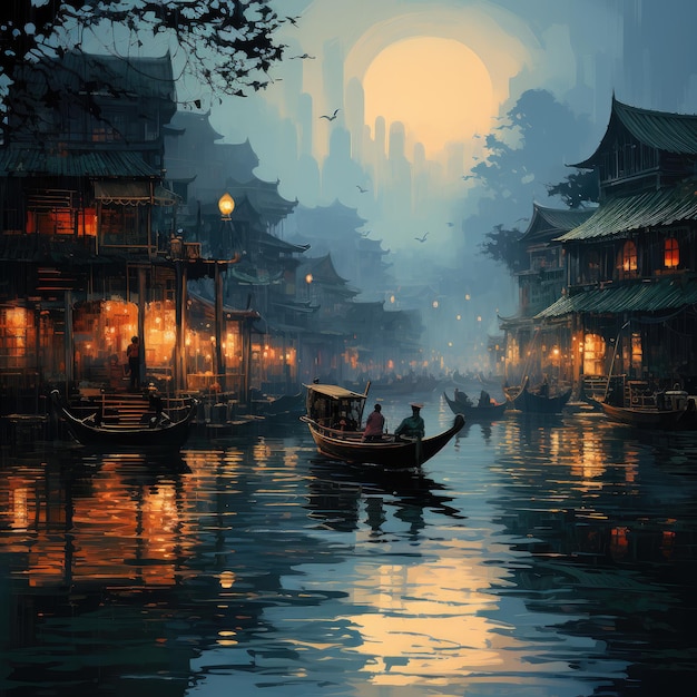 mercado flutuante em um rio nebuloso velhas lanternas de charme estilo fauvismo