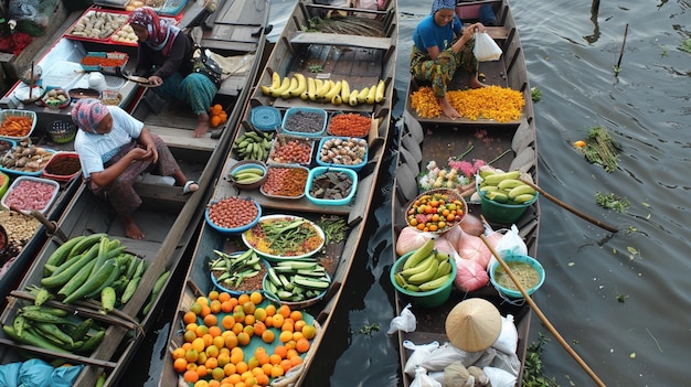 Mercado flutuante na Indonésia que vende produtos biológicos, frutas e legumes frescos