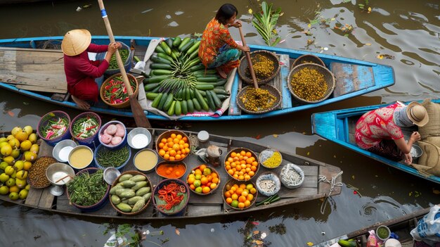 Mercado flutuante na Indonésia que vende produtos biológicos, frutas e legumes frescos