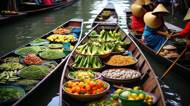 Mercado flutuante na Tailândia com barcos cheios de frutas e legumes frescos