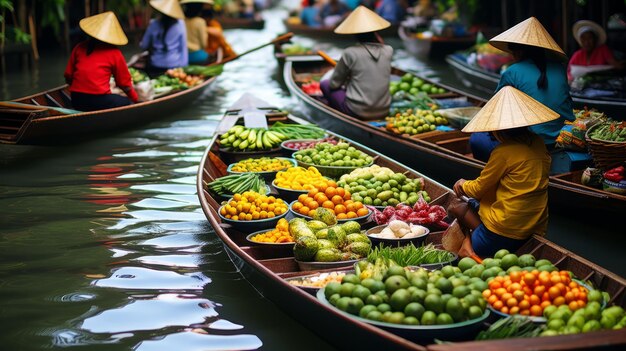 Foto mercado flutuante na tailândia com barcos cheios de frutas e legumes frescos