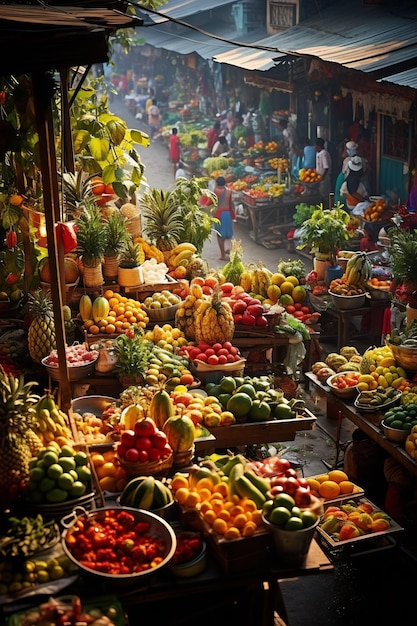 un mercado de frutas con una canasta llena de frutas y verduras