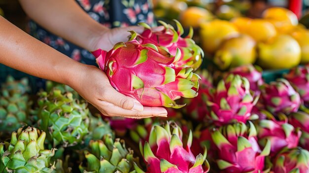 Mercado de frutas exóticas con manos eligiendo una vibrante fruta del dragón