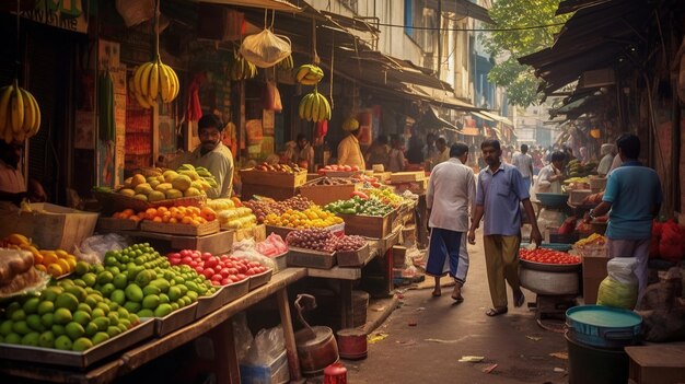 un mercado de frutas con gente caminando y un hombre caminando