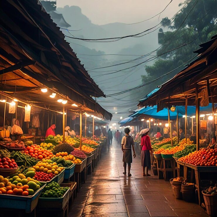 un mercado de frutas con una mujer caminando delante de él