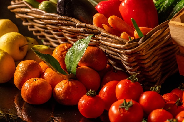 mercado de frutas con varias frutas y verduras frescas de colores foto de alta calidad