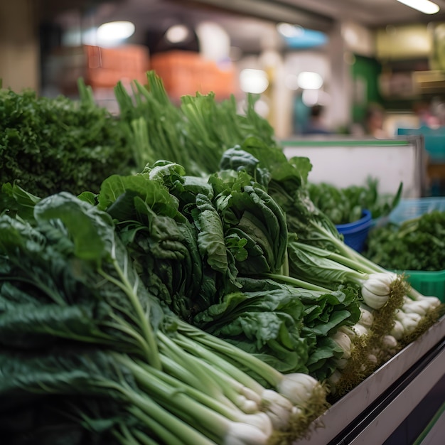 Mercado de frutas con varias verduras y verduras frescas y coloridas generadas por IA