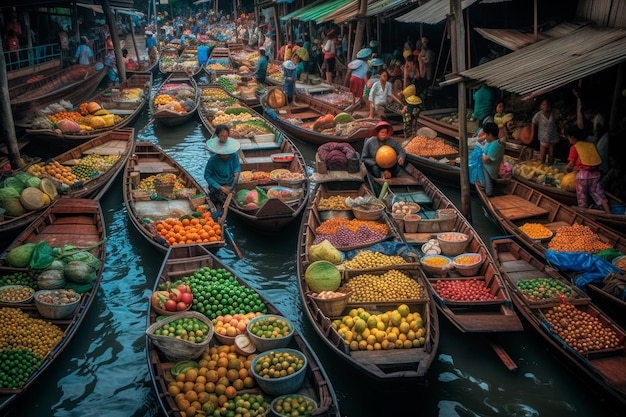 Mercado de frutas y verduras en barcos en Tailandia IA generativa