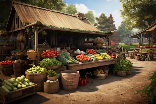 Un mercado de frutas y verduras en medio de un campo.