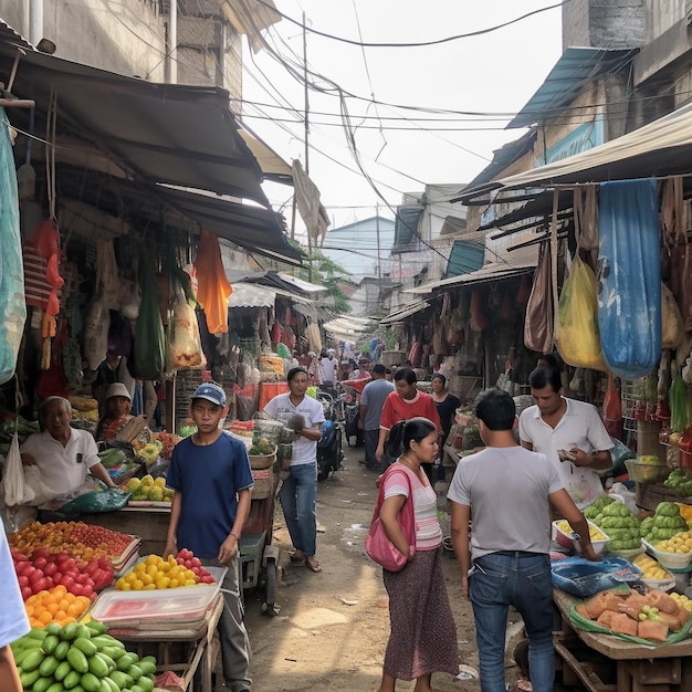 un mercado con gente comprando en la calle y un hombre caminando por él