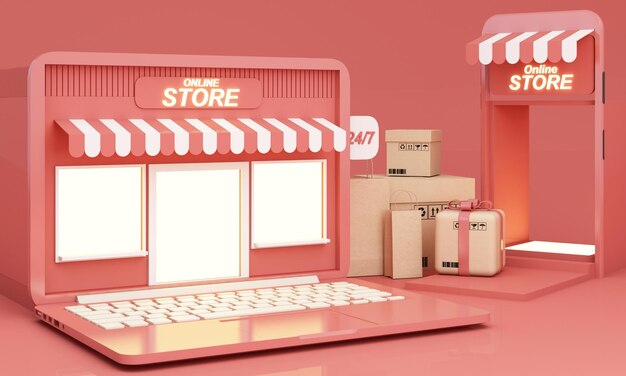 Mercado ilustración en línea estilo 3d internet tienda multi-vendedor en computadora portátil y pantalla de teléfono con tiendas multi-vendedores Tienda señal en tonos rosados y abierta las 24 horas ilustración de renderización 3d