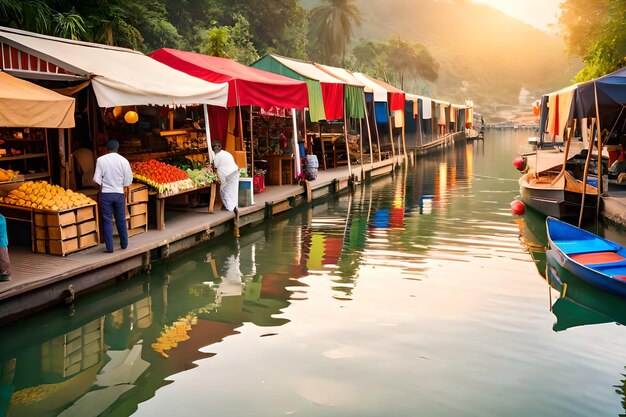 Un mercado junto al agua con un barco al fondo.