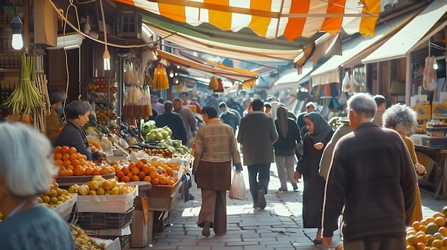 Mercado lleno de gente comprando productos frescos Hay muchos puestos vendiendo diferentes tipos de frutas y verduras