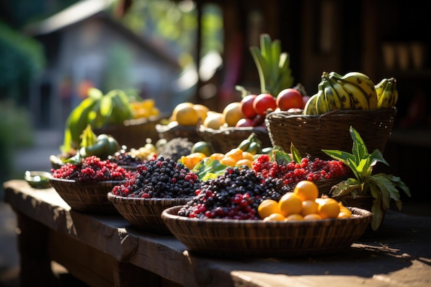 Mercado local con montañas frescas de acai y frutas tropicales de colores vibrantes generativa IA