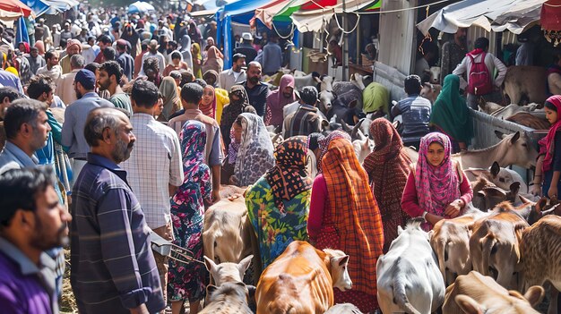 Mercado lotado de pessoas e animais As pessoas estão vestindo roupas tradicionais e os animais estão sendo levados por cordas