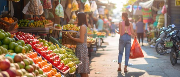 En un mercado en una mañana soleada una joven pareja compra frutas y verduras