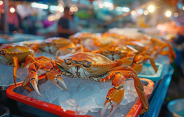 Un mercado de mariscos vende cangrejos frescos que se mantienen en hielo