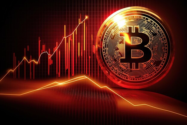 El mercado de monedas criptográficas baja el concepto. Bitcoin (BTC) resplandeciente en gráficos rojos