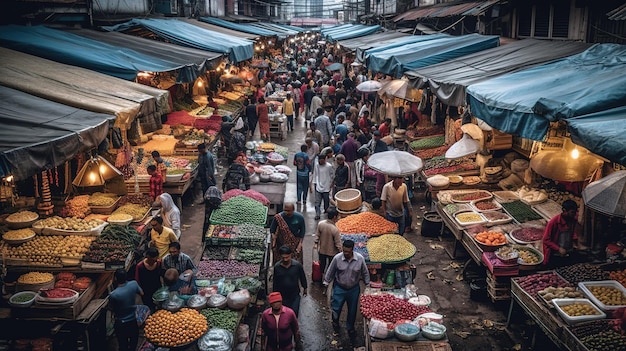 Un mercado con mucha gente y frutas.