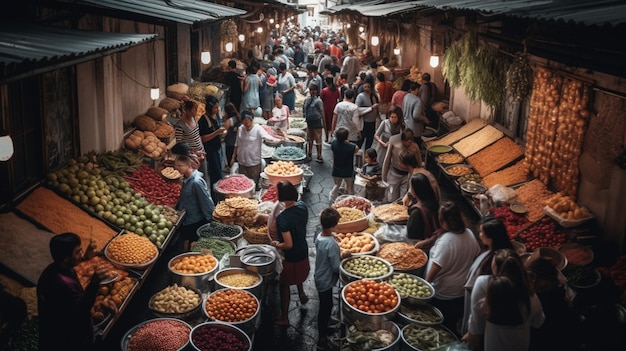 Un mercado con mucha gente y mucha comida.