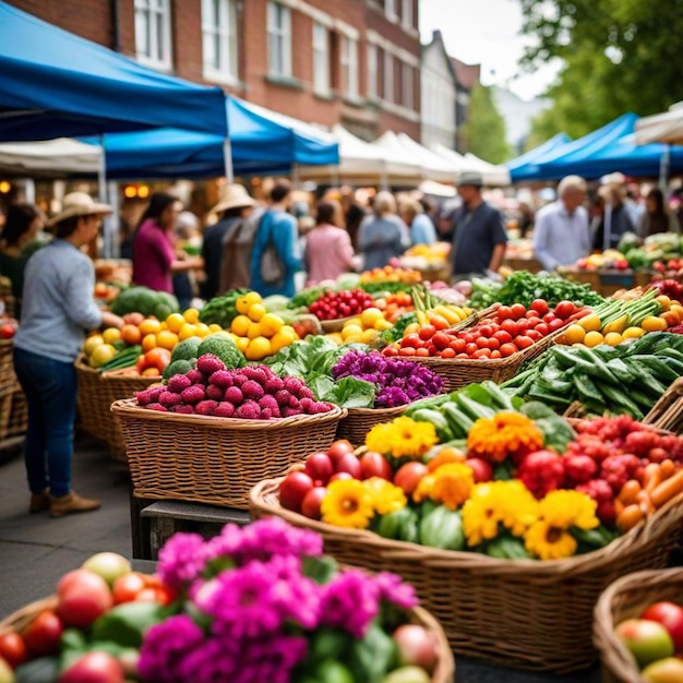 Foto un mercado con muchas cestas de verduras, incluidos pepinos, tomates y otras verduras
