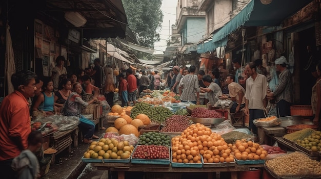 Un mercado con muchas frutas y verduras en exhibición.