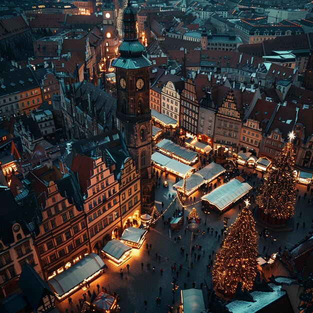 Foto mercado navideño iluminado festivo vista aérea del árbol de navidad de la ciudad imagen