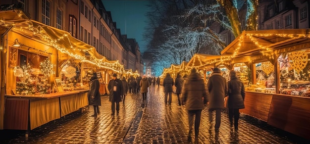 un mercado navideño iluminado con personas caminando en el fondo
