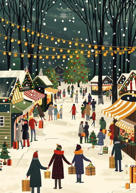 Un mercado navideño lleno de gente comprando regalos navideños acuarela frontera de invierno