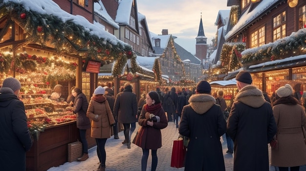 Mercado navideño lleno de gente comprando regalos únicos Imágenes del mercado navideño