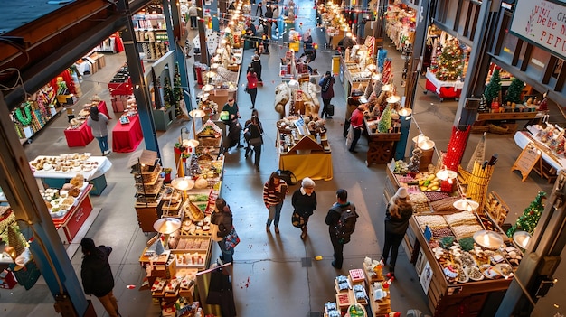 Mercado navideño con personas que compran y puestos que venden artículos festivos Foto