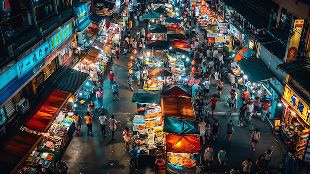 Foto un mercado nocturno es un lugar bullicioso lleno de gente y puestos que venden una variedad de productos