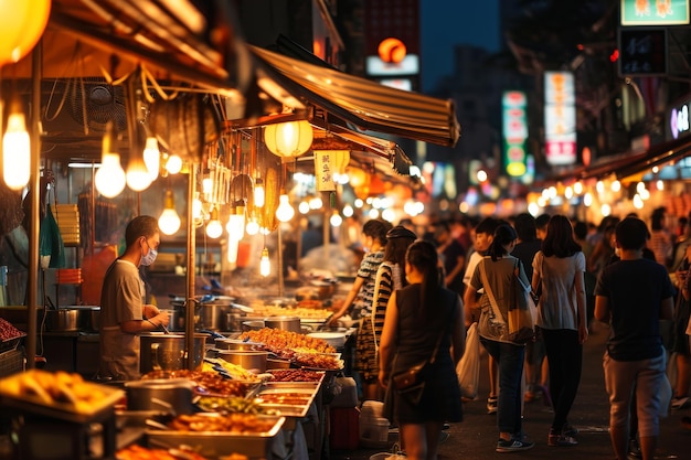 Mercado nocturno en Taipei bullicioso con puestos de energía y comida mercados nocturnos bulliciosos generados por Ai