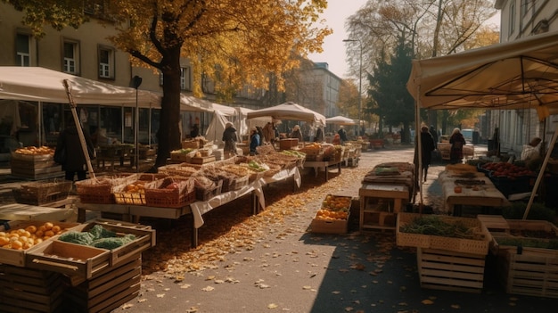 Un mercado en otoño con gente caminando por delante