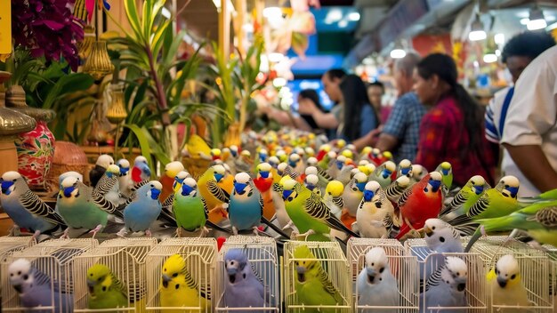 Foto el mercado de pájaros un montón de budgies