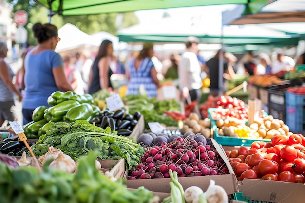 un mercado con personas que compran en el mercado de agricultores